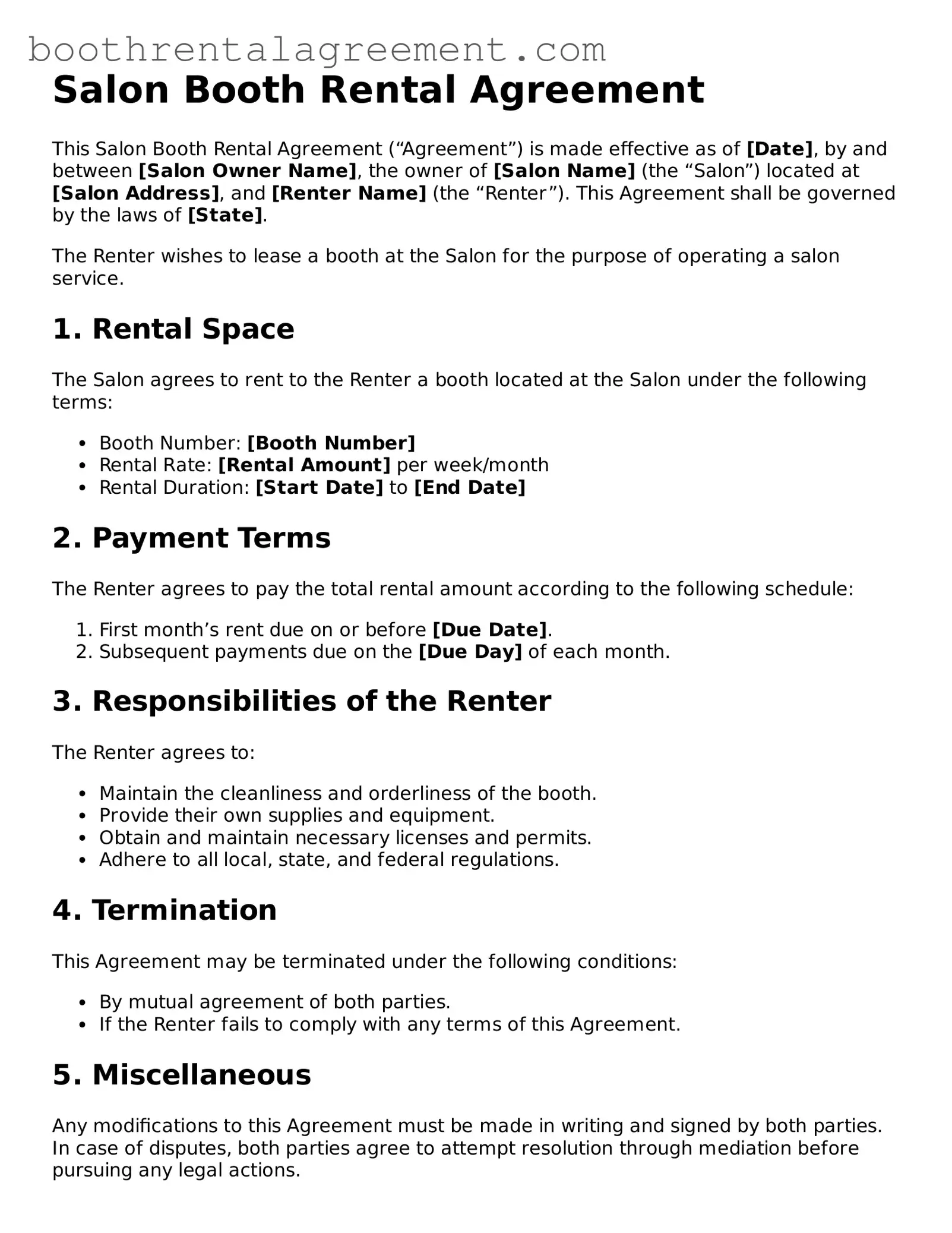 Fillable Salon Booth Rental Agreement Template