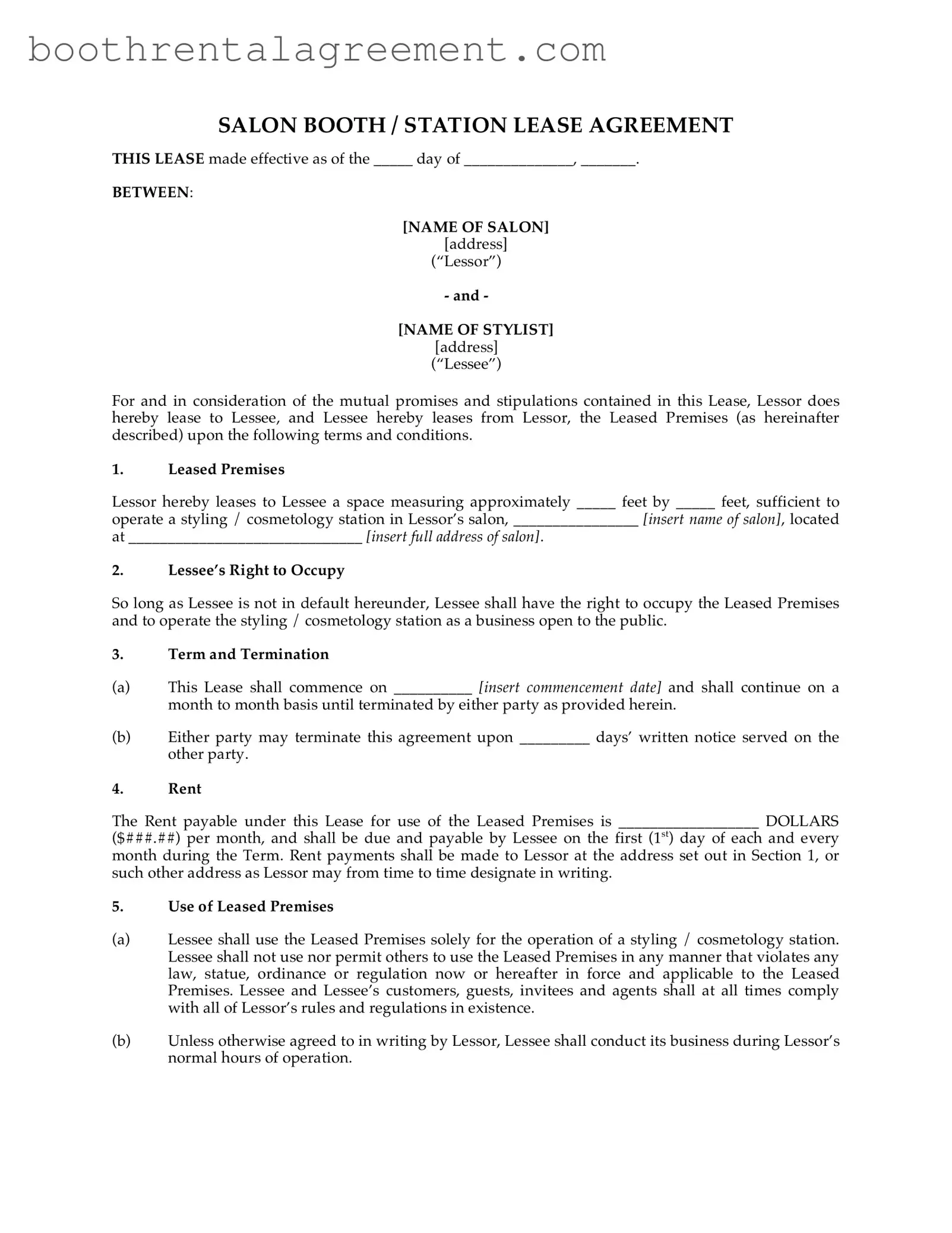 Printable Salon Agreement Template