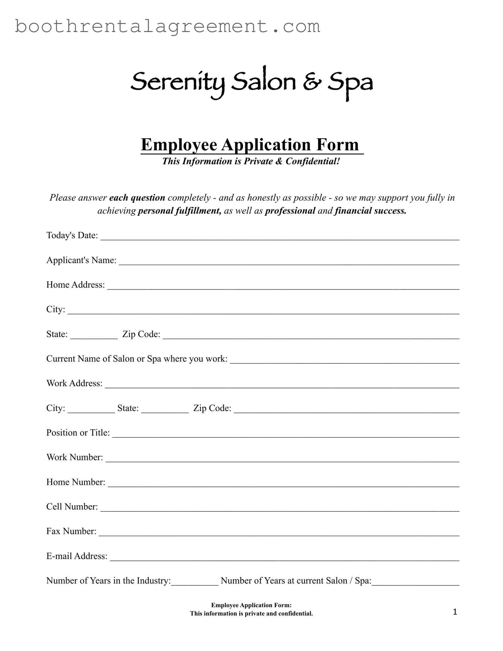 Printable Salon Application Template