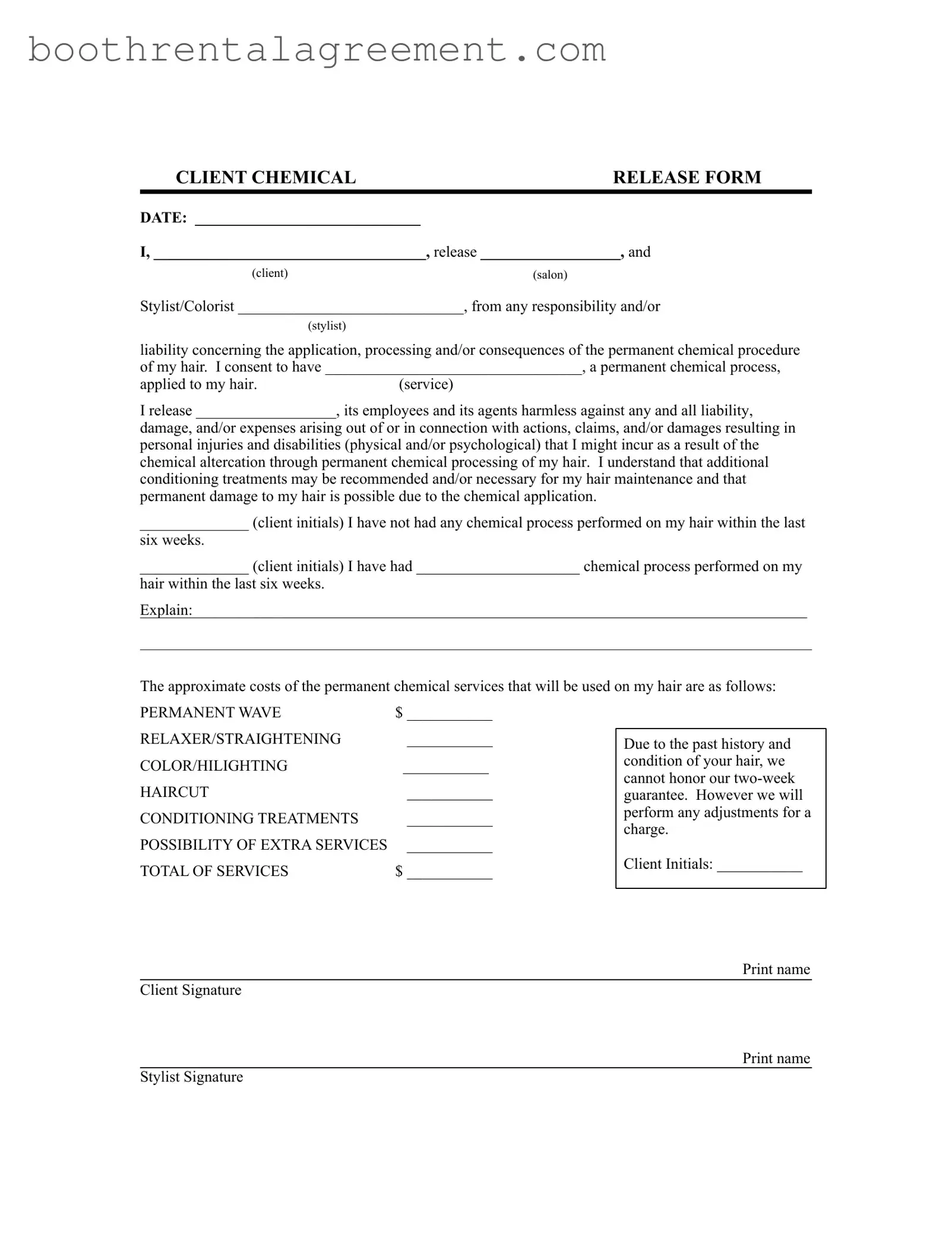 Printable Salon Chemical Waiver Template